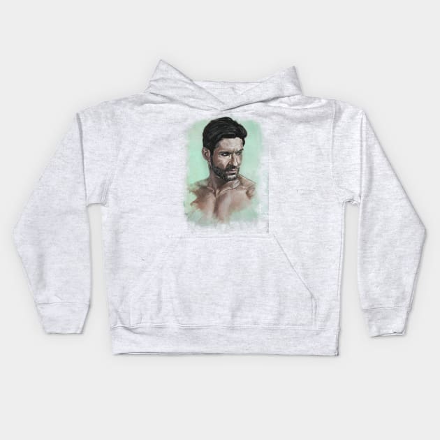 Lucifer Tom Ellis Portrait Kids Hoodie by Elizachadwickart 